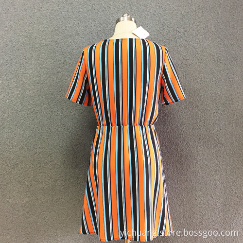 Women's polyester striped short sleeves long dress